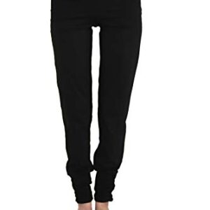 Schwarze Damen Yogahose aus Bio-Baumwolle mit schmalem Bein und hohem Bund, ideal für Yoga und Pilates, mit seitlich gerafftem Beinabschluss für einen sportlichen Look.