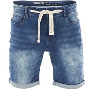 riverso Jeans Shorts Herren Stretch Kurz Kordelzug Regular Fit RIVPaul Kurze Hosen Bermuda Shorts Sommer Denim Einfarbig, Größe:W 36, Farbe:Middle Blue Denim (M190)