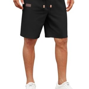 Leinenhose für Männer, Kurze Leinenhose Sommerhose mit elastischem Bund und Taschen, schwarze Shorts für den Alltag oder Strandbesuch