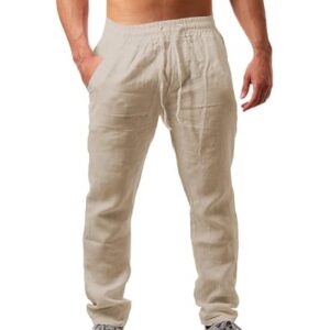 Herrene Leinenhose Lang, leichte Sommerhose mit Taschen und Kordelzug für Urlaub, Strand, Yoga oder Alltag