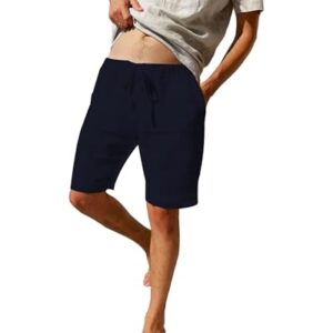 Herren Baumwolle Leinen Lose Shorts mit Kordelzug Sommer Strand Shorten in Navy Farbe für den Sommerspaß