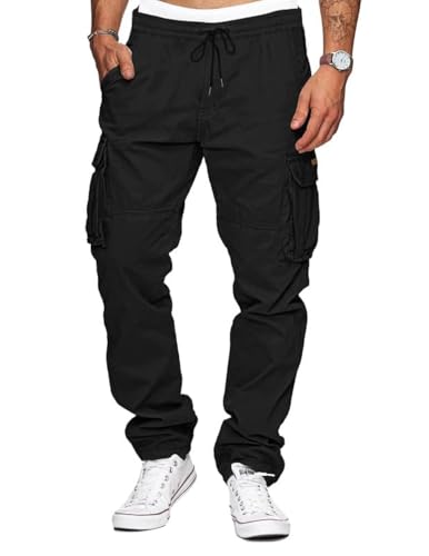 Bequeme Baumwollcargohose mit Taschen und Kordelzug - Herrenoutdoorhose aus Stretchmaterial in Schwarz L Größe