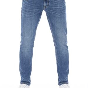 Herren Jeans mit Stretch, bequeme Hose für Männer mit tiefem Bund und geradem Bein, Medium Blue Denim Farbe, W 32 L 34 Größe