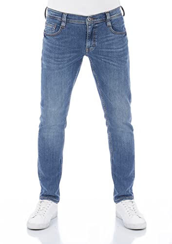 Herren Jeans mit Stretch, bequeme Hose für Männer mit tiefem Bund und geradem Bein, Medium Blue Denim Farbe, W 32 L 34 Größe