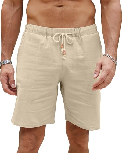 Herren-Sommer-Casual-Shorts aus Leinen-Mischung mit Taschen, Khaki Farbe, 3XL Größe