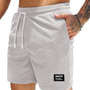HMIYA Corduroy Shorts Herren Kurze Hosen Sommer Bermuda Freizeitshorts Baumwolle Elastische Taille mit Taschen Weiß EU-XL