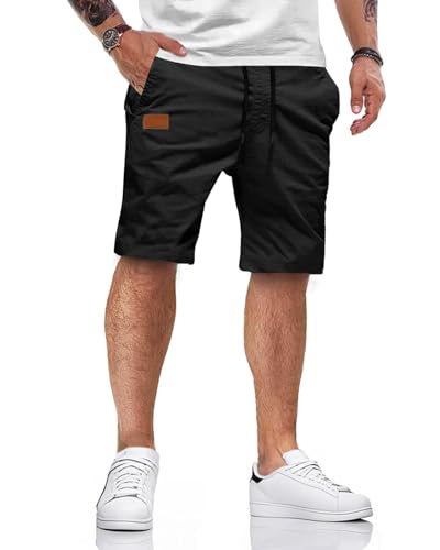 HMIYA Kurze Hosen Herren Baumwolle Chino Shorts Sommer Freizeitshorts Elastische Taille mit Taschen (Schwarz, EU-L) - Baumwoll-Shorts für den Sommer mit elastischer Taille und Taschen