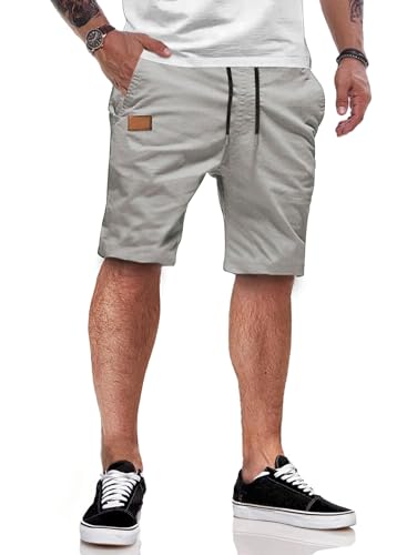 Herren Shorts Sommer Chino Baumwolle Elastische Taille mit Taschen A Grau L - Kurze Hosen Herren JMIERR für den Alltag und Sport