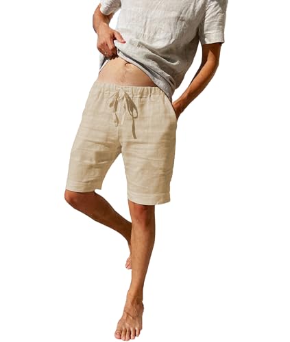 Herren-Leinenshorts mit Taschen, Bermudahose für den Freizeitbereich, Khakifarbe, 3XL Größe