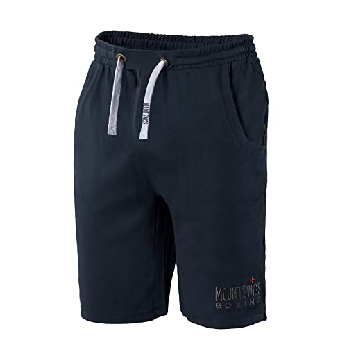 Herren-Shorts in dunkelblauer Farbe aus 100% Baumwolle, großzügige Passform, elastischer Bund, Taschen an den Seiten, atmungsaktiv und bequem für Sommerhosen