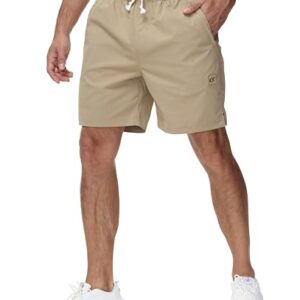 Herrene Shorts aus hochwertigem Twill-Stoff mit Tunnelzug-Design, elastischer Taille und Reißverschluss für eine bequeme Passform. Perfekte Sommer-Kurze Hosen für Männer in Größe XL im Khakifarben.