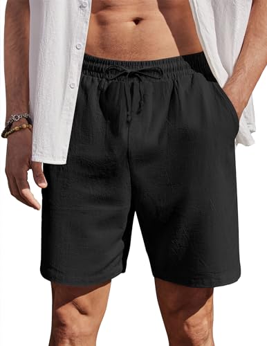 Herren Shorts aus Baumwolle, Leinen Kurz Hose Sommer Chino Strand Freizeithose mit Gummibund Schwarz XXL