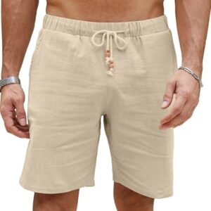 Herren Shorts Leicht Sommer Leinen Shorts Freizeithose mit Taschen Khaki XL von LVCBL - atmungsaktive Baumwolle und Leinen, elastischer Bund mit Kordelzugverschluss, vielseitige Design