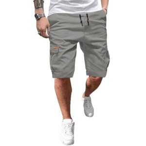 Herren Cargo Shorts Sommer Cargohose Kurz Baumwolle Freizeithosen Männer Men's Shorts elastische Taille mit Tunnelzug Grau XL Ougelebo Produktbild Herrenmode Sommerkleidung