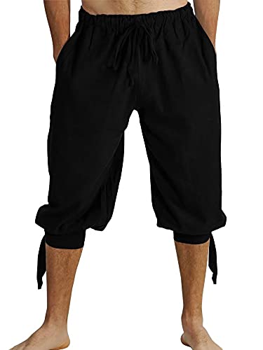Kurze Hosen für Herren mit Schnürung, Sommerhose, Pluderhose, Wikinger-Stil, Piraten-Outfit, Mittelalter-Kostüm, Freizeithose, Strand-Hose, Schwarz, L-Größe