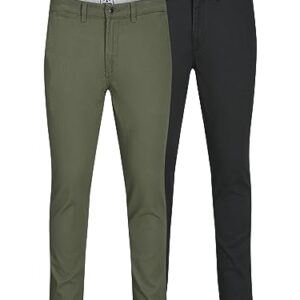 Zwei Paar Chino-Hosen von JACK & JONES im Slim-Fit-Stil, grün und schwarz, auf weißen Hintergrund präsentiert. Bequeme und atmungsaktive Hose für den Alltagsgebrauch.