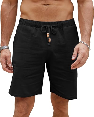 Herren Shorts Sommer Leinen Kurze Hosen Freizeithose mit elastischer Taille und Schwarzfarbe