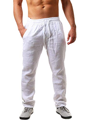Herren Leinenhose für den Sommer, lang, leicht, atmungsaktiv, Kordelzug, Urlaub, Strand, Weiss, XL Größe