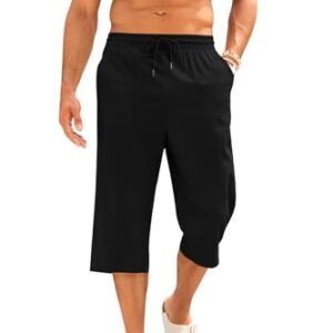 Kurze Hosen Herren aus Baumwolle und Leinen, 3/4 Länge Sommerhose, Yoga Jogger Casual Sweatpants Sportshorts Freizeithose Schwarz XL