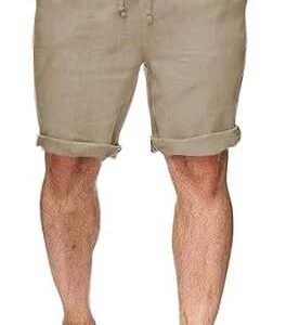 Herren Leinen Shorts, Runcati Bermuda Kurz Hose, Leicht Sommershorts Gummizug, Freizeithose mit 2 Taschen, Khaki, XL Größe