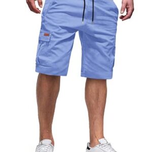 Herren Cargo Kurze Hosen aus Baumwolle, Bermuda Shorts für den Sommer, Chino Hose mit Tunnelzug und elastischer Taille, 6 Taschen, Himmelblau L