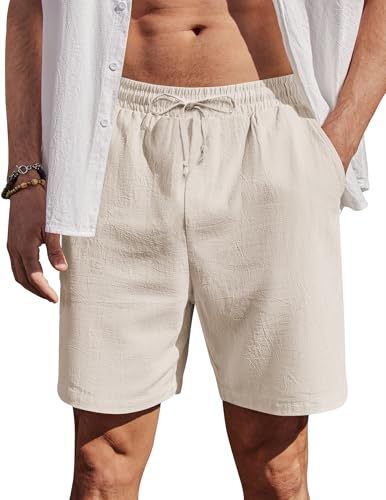 Herren Shorts Sommer Baumwolle Kurz Hosen mit Gummizug Leicht Sommershorts Freizeithose mit Taschen Beige M