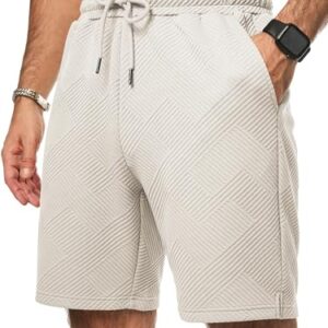Herren Textur Kurze Hosen mit 3 Taschen, Sommer Casual Loose Shorts, Elastische Taille, Beige Farbe