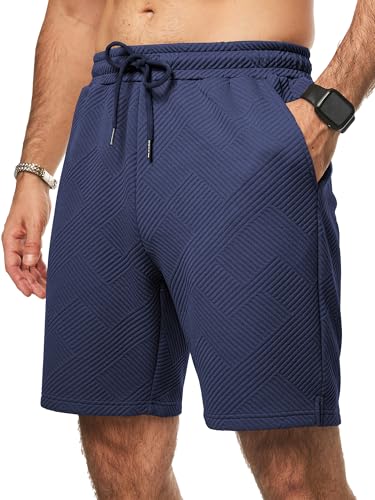 Herren Textur Kurze Hosen mit 3 Taschen für Sommer, Casual Loose Shorts mit elastischer Taille in Blau, XL Größe von JMIERR