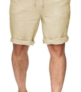Herren Leinen Shorts Bermuda Kurz Hose Leicht Sommershorts Gummizug Freizeithose mit 2 Taschen Beige M - Sommerkurze Hose für Männer mit Komfort und Stil