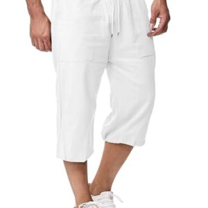 Herren Shorts LVCBL, bequeme Sommer-Shorts mit elastischem Bund und verstellbarer Kordelzug, weiches Baumwollleinen, weiß, Größe XL