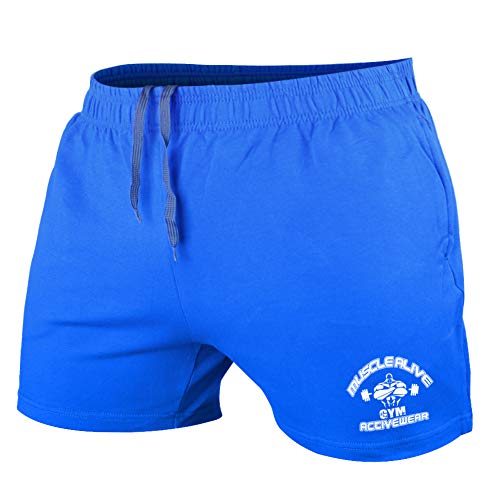 Muscle Alive Herren Bodybuilding Fitnessstudio Trainieren Kurze Hose Frottee-Baumwolle 5 MA Blau XL - Athletische Hosen für Training und Turnier