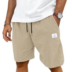 TARAINYA Corduroy Kurze Hosen Herren Baumwolle Kordelzug Casual Shorts Hose Sommer Stretch Freizeitshorts Mit Taschen Hellkhaki L
