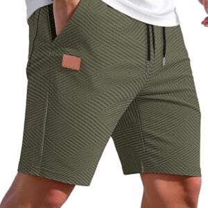 Herren-Sommerhose mit Textur-Kurzen Hosen aus Baumwolle, elastische Taille, Tunnelzug und Taschen. Grüne Shorts für Männer im Sommer.