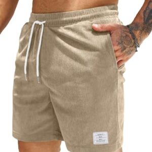 Herren Corduroy Short Sommer Leinen Stretch Baumwolle Kurze Hose mit Taschen Beige, hochwertiger Stoff, elastischer Bund, verstellbarer Kordelzug, doppelseitige Taschen