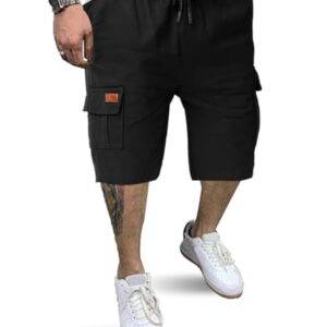 Herren-Cargo-Shorts aus 100% Baumwolle für Sommer, weich und leichter Twill-Baumwollstoff, 6 praktische Taschen mit Klettverschluss, elastischer Bund mit Kordelzug