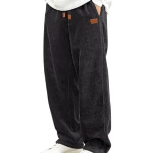 HMIYA Herren-Chinohose mit elastischem Bund und weitem Bein aus Baumwolle. Schwarze Freizeithose mit Taschen und bequemer Trageeigenschaft.