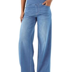 LaiEr Damen Denim Hose mit weitem Bein, hoher Taille und lockerer Passform in Lichtblau. Unregelmäßige handgeriebene Katzenhaare auf der Oberfläche. Casual Jeans für Frauen mit sportlichem Ansatz zum Leben.
