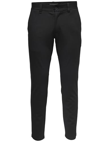 Schmale, schwarze Chino-Hose von Only & Sons mit Slim-Fit-Design und praktischen Hosenschlössern. Die Hose ist aus einer Kombination aus Viskose, Recyceltem Polyester und Elasthan gefertigt und bietet maximale Bewegungsfreiheit und Tragekomfort.