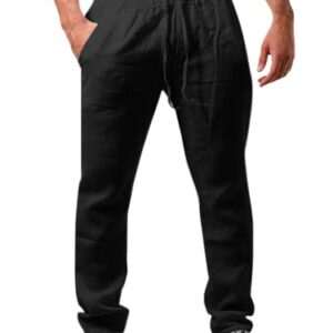Herren Leinenhose mit Kordelzug, perfekte Sommerhose für den Urlaub und Strand. Loose Fit Freizeithose in Schwarz