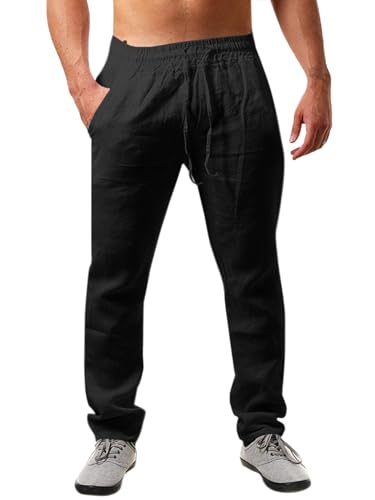 Herren Leinenhose mit Kordelzug, perfekte Sommerhose für den Urlaub und Strand. Loose Fit Freizeithose in Schwarz