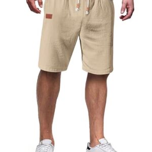 Herren kurze Hosen aus Baumwolle und Leinen mit Gummizug - Freizeithose für Herren Sommer Casual Leicht mit Taschen Hellkhaki XL