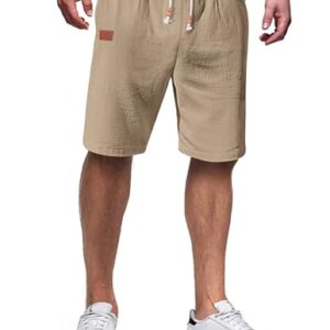 Herrenkurzbeinshose aus Baumwolle und Leinen mit Gummizug. Dunkel Khakifarben, perfekt für Sommer und Freizeit.