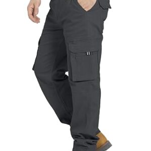 Herren Cargo Hose, dunkelgraue Freizeithose mit 12 Taschen und elastischem Bund, gerade geschnittene Stretch Schwerlasthose für Arbeit und Outdoor-Aktivitäten