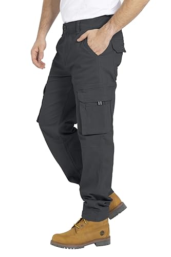 Herren Cargo Hose, dunkelgraue Freizeithose mit 12 Taschen und elastischem Bund, gerade geschnittene Stretch Schwerlasthose für Arbeit und Outdoor-Aktivitäten