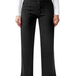 Friptspyg Hose Damen Hohe Taille Weite Hose Knopf Gerades Bein Hose Casual Arbeit Hose Stretch Yogahose mit Taschen, Schwarz XL - Hochwertige, dehnbare und atmungsaktive Hose mit hohen Taschen für Frauen