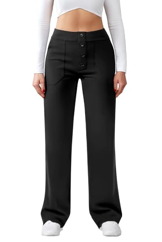 Friptspyg Hose Damen Hohe Taille Weite Hose Knopf Gerades Bein Hose Casual Arbeit Hose Stretch Yogahose mit Taschen, Schwarz XL - Hochwertige, dehnbare und atmungsaktive Hose mit hohen Taschen für Frauen