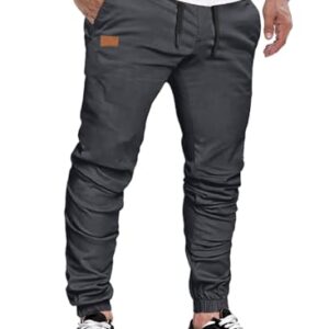 Herren Chino Cargo Hose, Baumwolle Sporthose Casual Freizeithose Elastische Taille mit Kordelzug Sweatpants Herren mit Taschen, Grau L