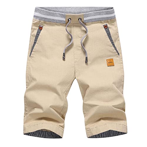JustSun Kurze Hosen Herren Shorts Sommer Chino Baumwolle mit Tunnelzug Khaki L, atmungsaktive und bequeme Shorts für den Sommer