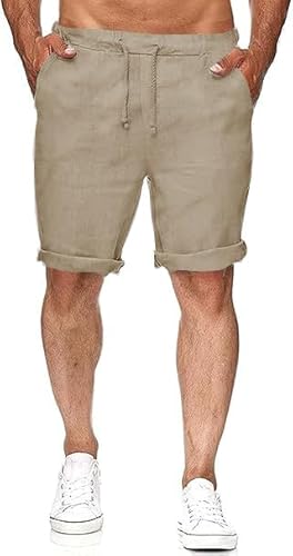 Herren Leinen Shorts Bermuda Kurz Hose Sommer Shorts Gummizug Freizeithose mit 2 Taschen Kahki L