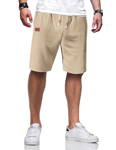 Leine Kurze Hosen Herren Baumwolle mit Gummizug Freizeithose Shorts Herren Sommer Casual Leicht mit Taschen A Hellkhaki XXL